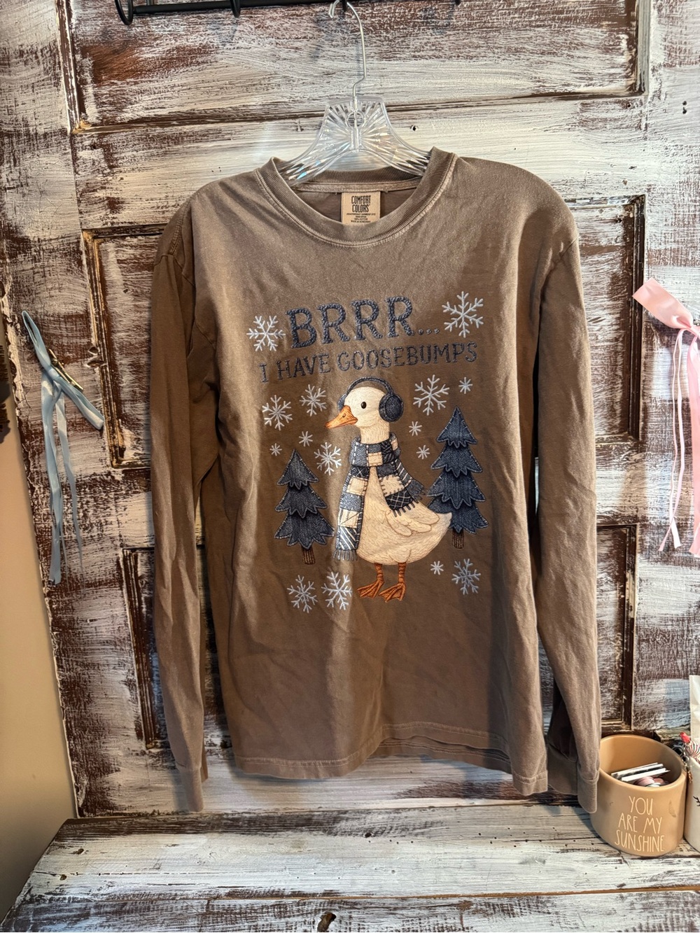Comfort Colors Brown Long Sleeve Graphic Duck Tee with Blue Accents